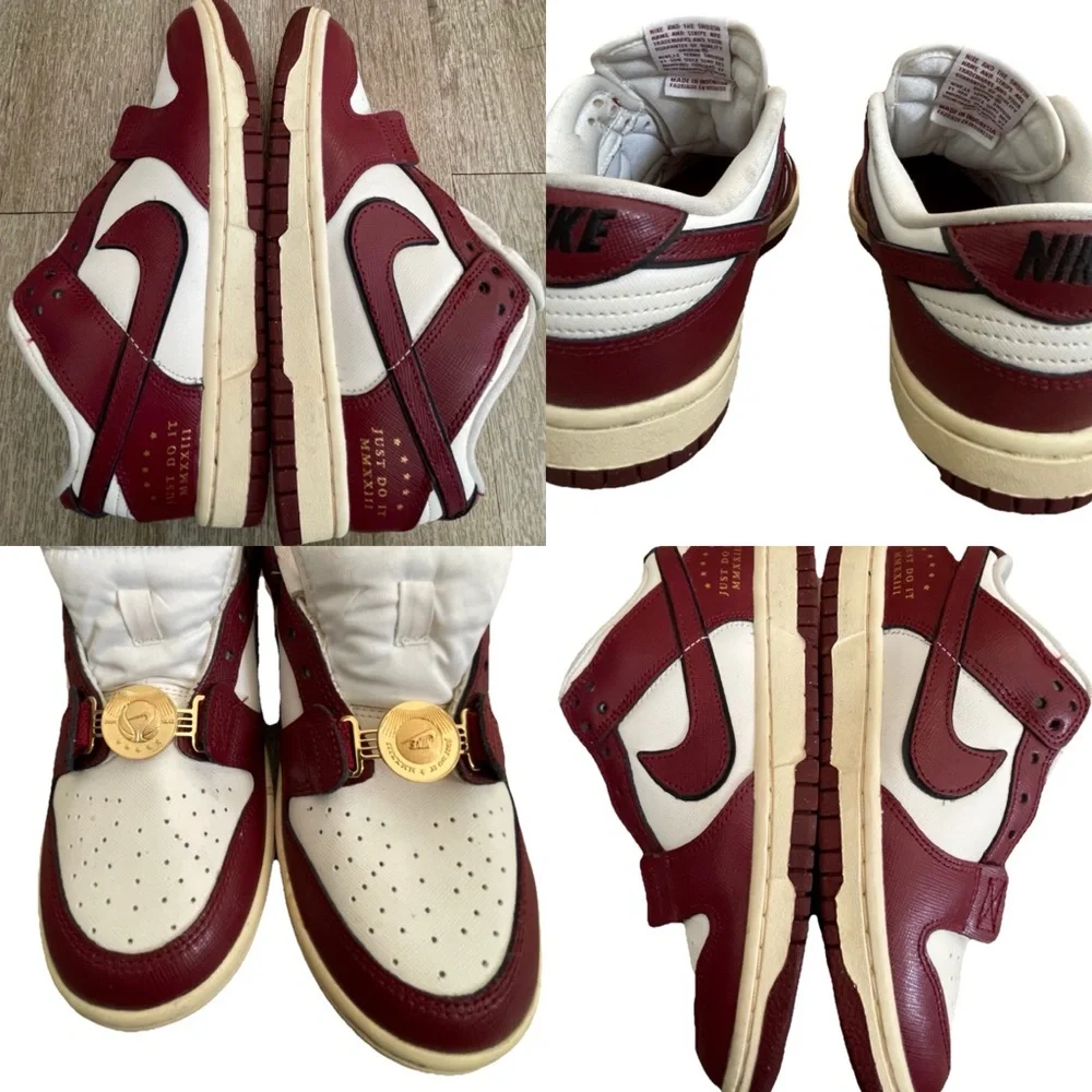 Nike Women’s White and Burgundy Sneakers with Gold Accents